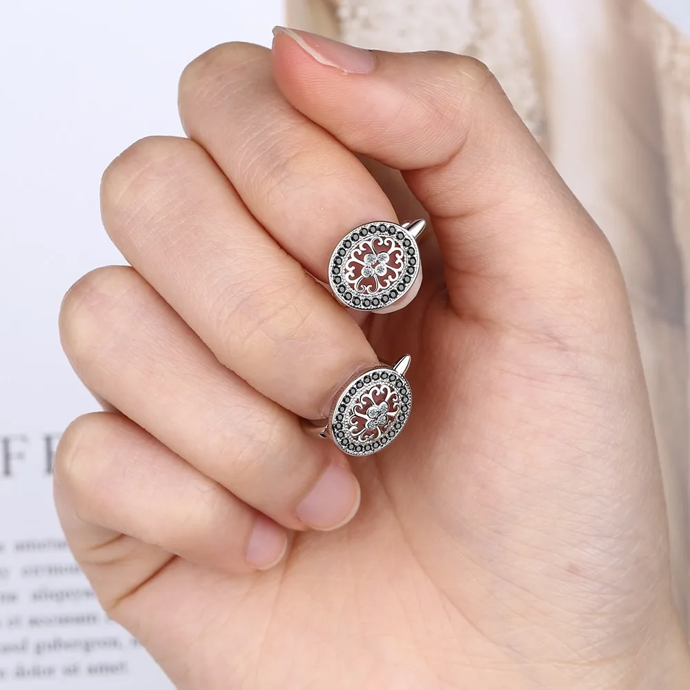 Classic Silver Color Oval Black Trendy Spinel Engagement Hoop Earrings for Women Jewelry Bijoux