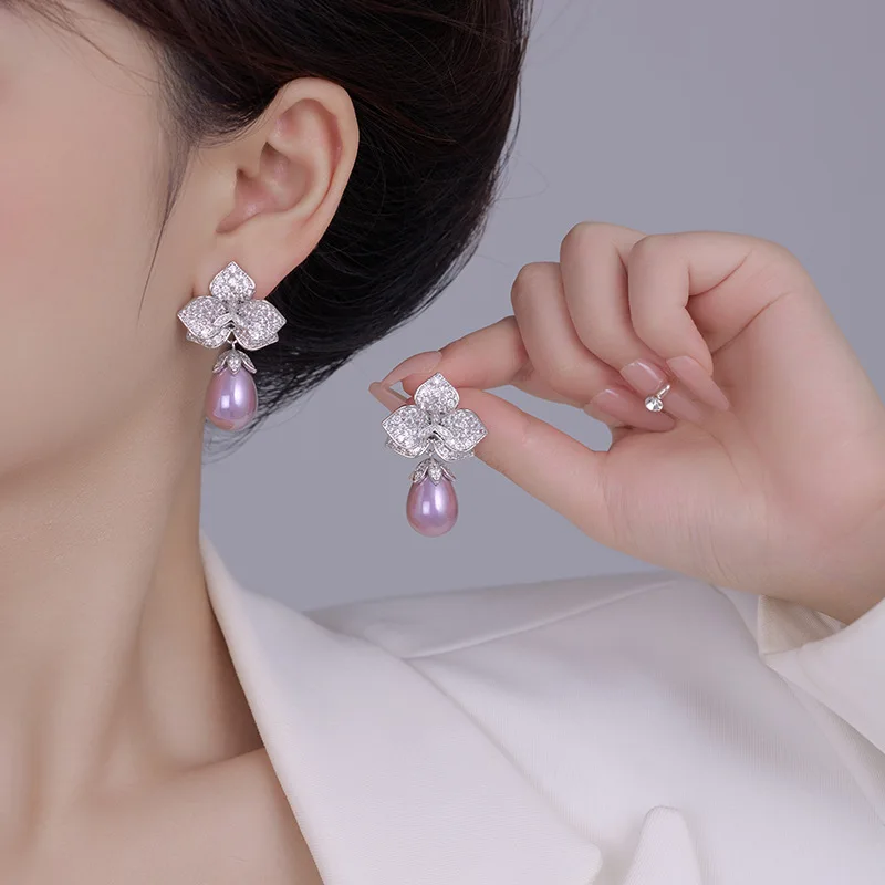 European and American Luxury Heavy Industry Fashion Zircon Micro Inlaid Petal Droplet Shaped Pearl S925 Silver Needle Earrings