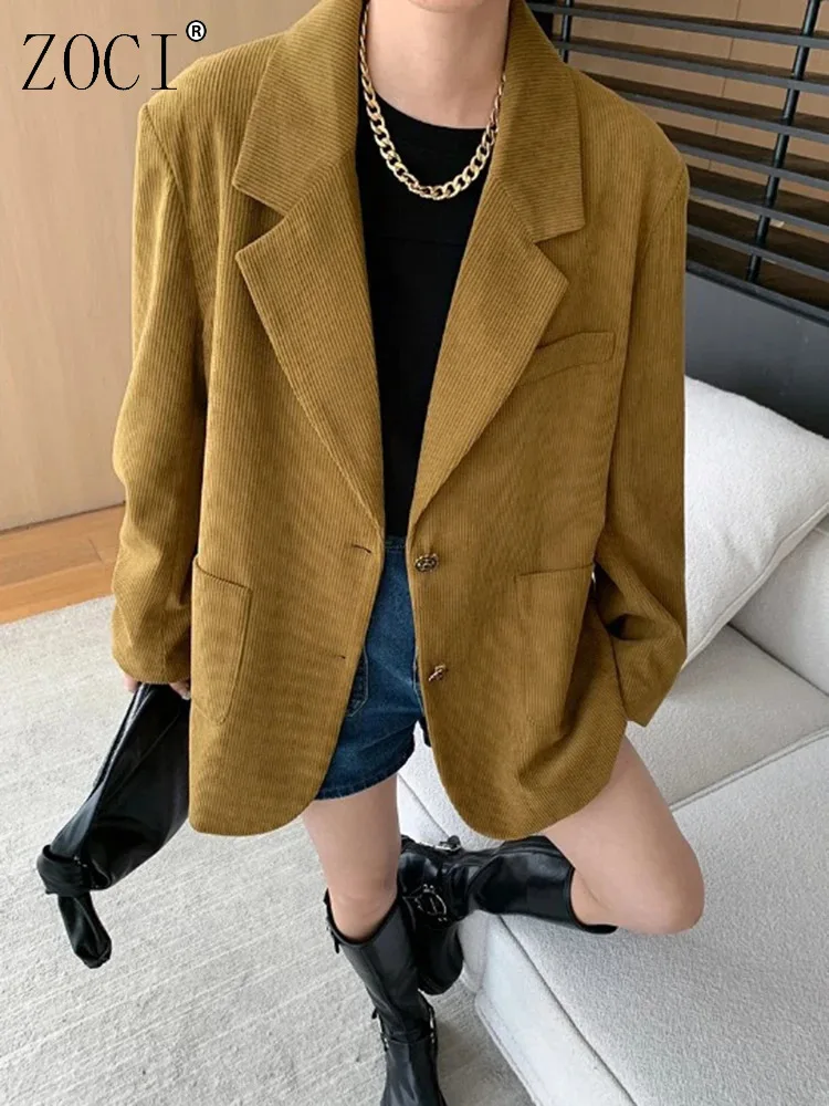 

ZOCI Women's Corduroy Blazers Solid Color Suit Jackets For Female Vintage Notched Collar Coats Office Lady 2025 Spring New Tops