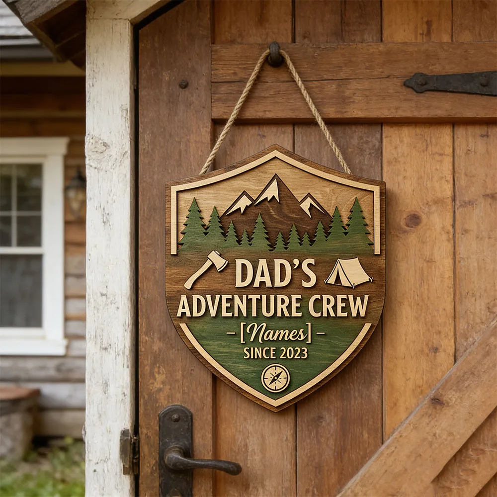 Rustic Adventure Crew Custom Shield Sign, 3D Layered Mountain & Axe Wooden Plaque, Camping Wall Art, Personalized Family Gift