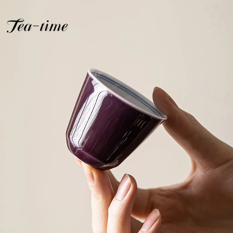 2pc/set Chinese Grape Purple Galze Ceramic Teacup Handdrawn Double Line Tea Cup Small Single Master Cup Kung Fu Tea Set 50ml