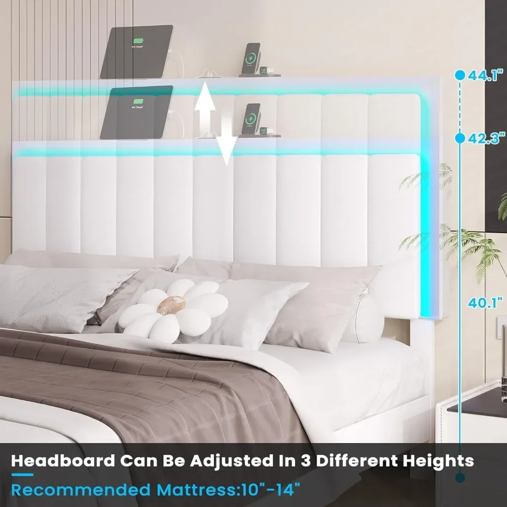 King Size Bed Frame with Led Lights and USB Ports King Led Platform Bed Frame with Faux Leather Adjustable Headboard