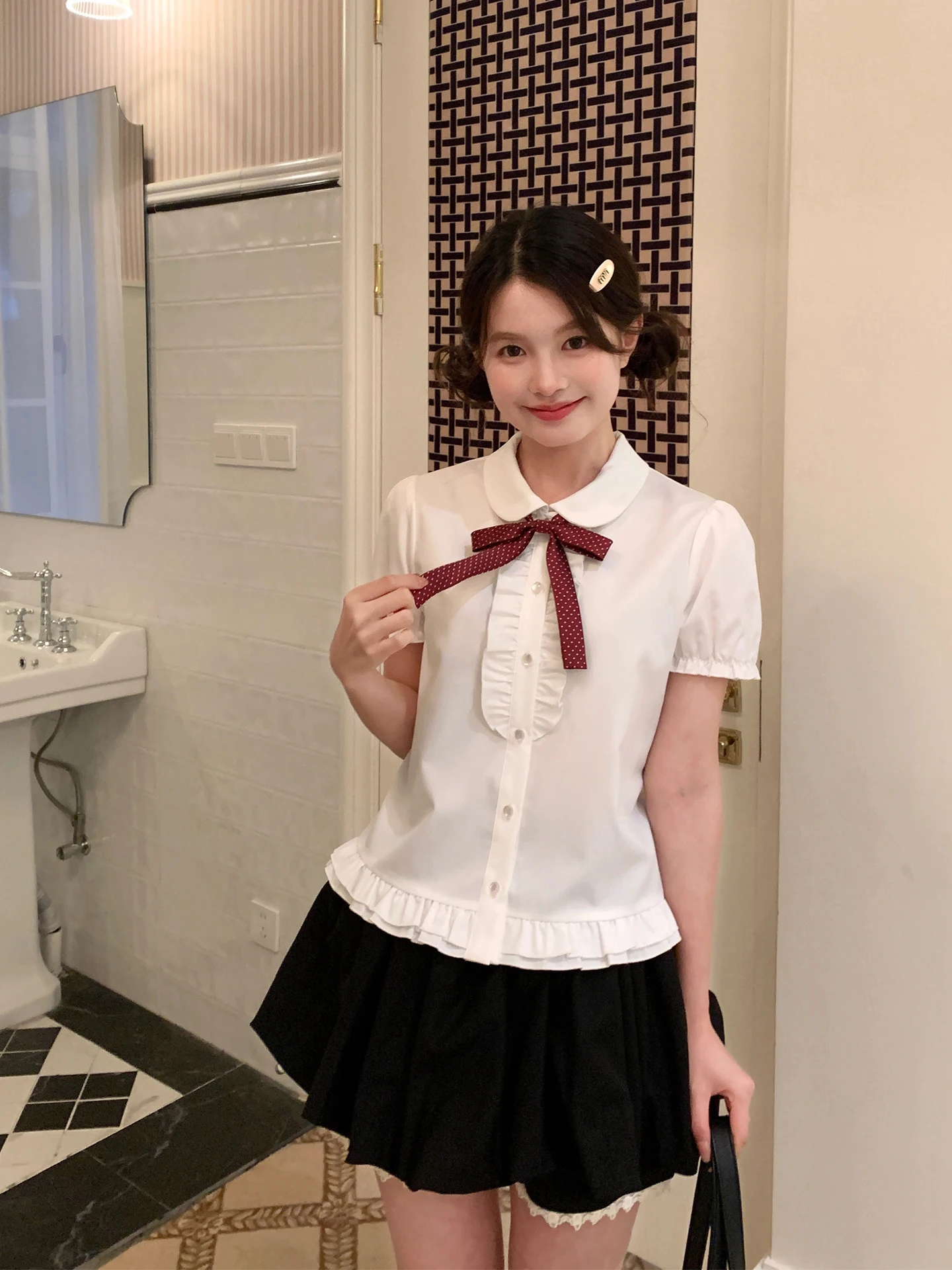 

Tokyo Annual Record JK Uniform White Short Sleeve round Neck Shirt with Wood Grain Ruffle for Women Spring Summer Breathable