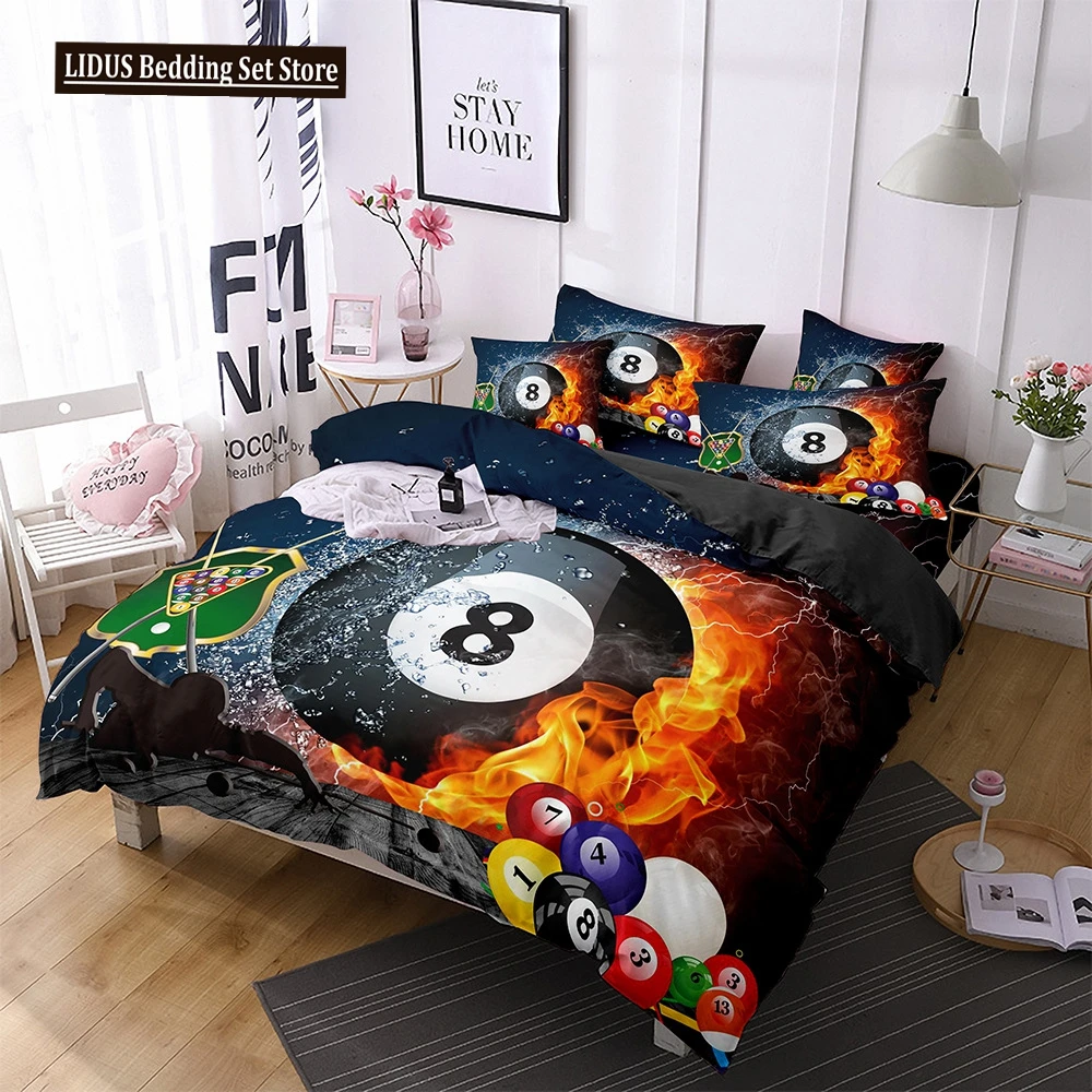 Billiards Duvet Cover Black 8 Ball With Fire Sports Games Theme Billiard Ball Bedding For Boys Girls Teens Bedroom Decorations