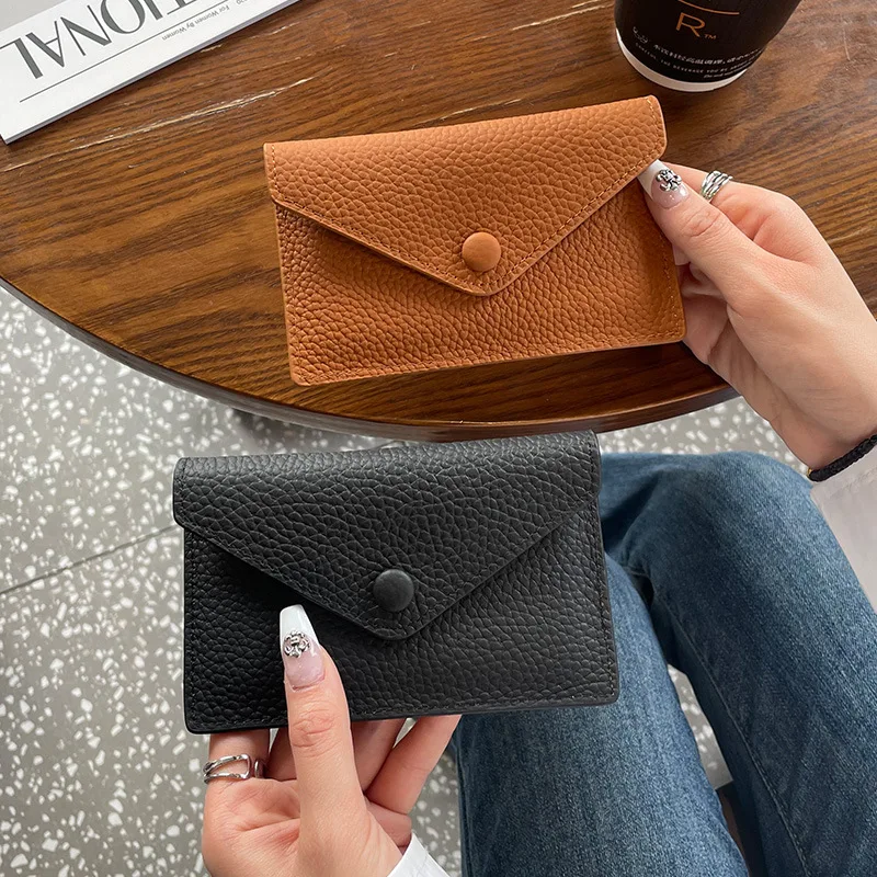 Fashion Ins Style Genuine Leather Card Holder Ultra-thin Mini Short Envelope Women Wallet Korean Japan Credit Card Case Purse