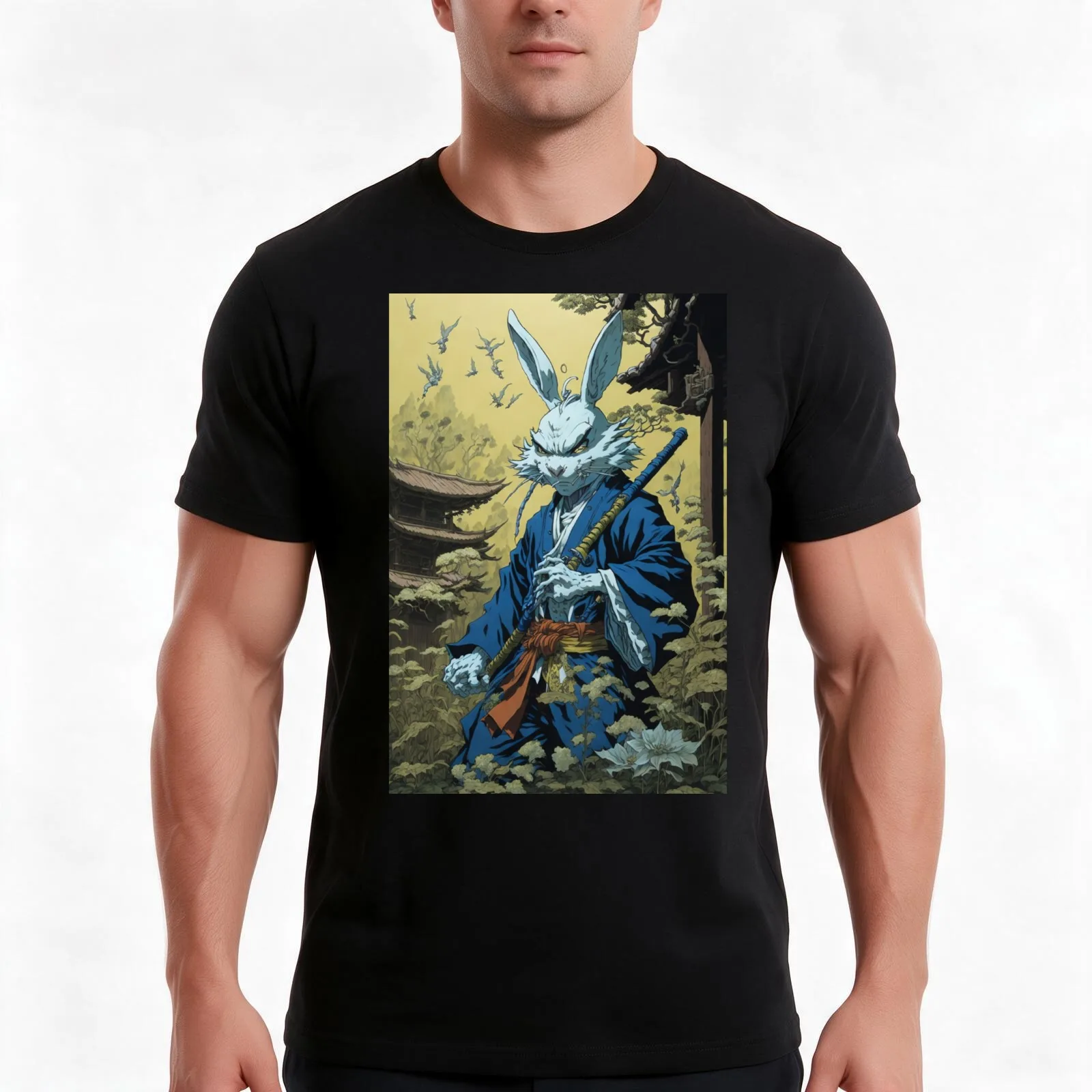usagi yojimbo Art T-Shirt, Summer Casual Cotton Tee, Oversized Streetwear Tops, Vintage Graphic Print, Loose Fit Short Sleeve