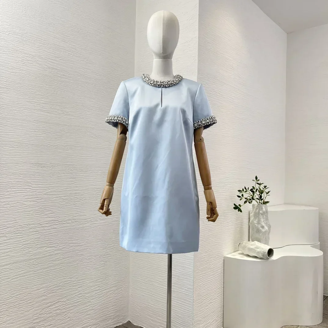 

Elegant Sky Blue Gloss 2024 Latest New Top Quality Short Sleeve Beading O-neck Diamonds Classic Fit Women Mini Dress