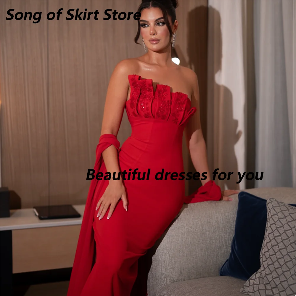 Maßgeschneidertes rotes Abendkleid, trägerlos, mit Perlen besetzt, aus Jersey, elegantes Meerjungfrauen-Abendkleid, knöchellang, Trompeten-Partykleid