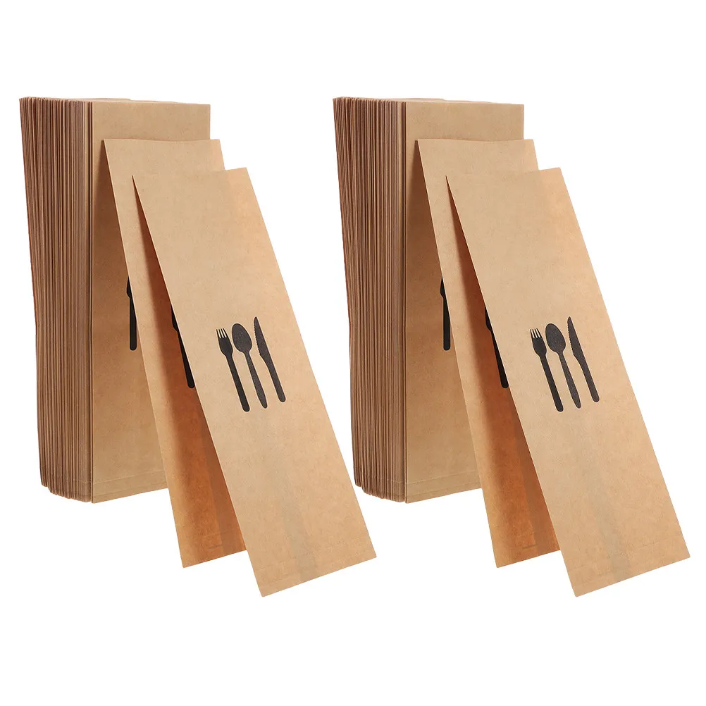 300Pcs Resistant Brown Kraft Paper Cutlery Bags Holder For Party Catering Party Laminated Oil Disposable
