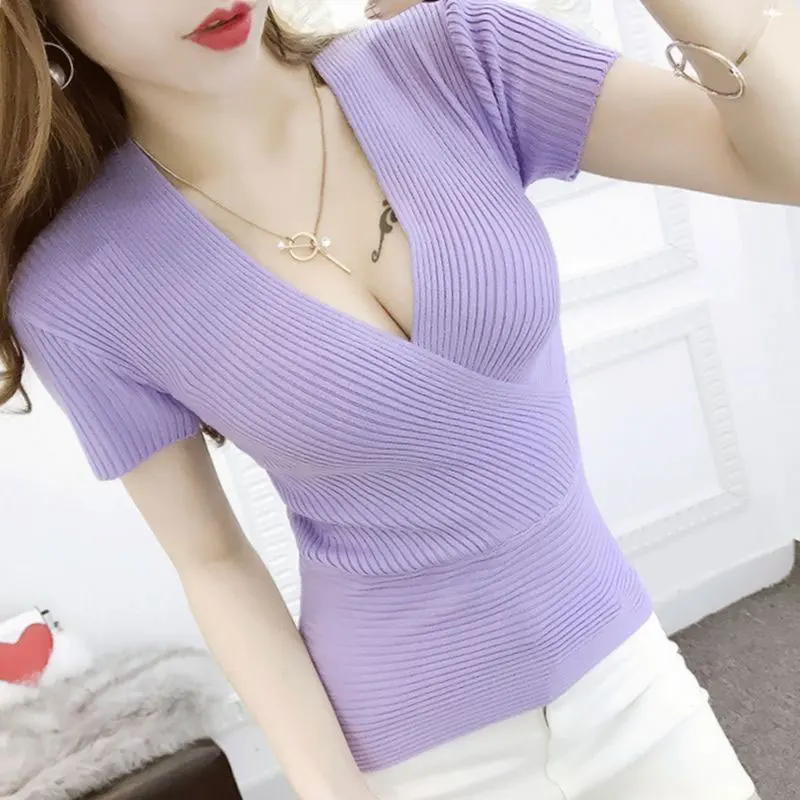 Women's Monochromatic V-Neck Short Sleeve Knitwear, Slim Tops, Elegant, Casual, Sexy, Office Clothes, Fashion, Summer, Lady