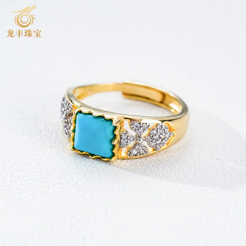 

S925 Silver Plated 18k Gold Natural Turquoise Square Women's Ring