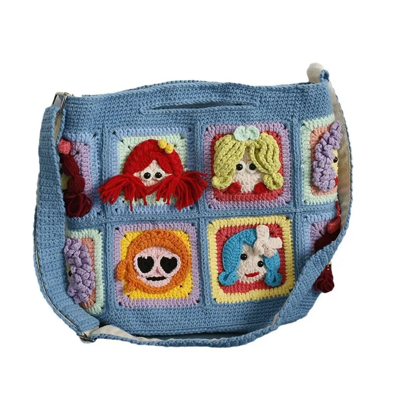 Handmade Crochet Granny Square Crossbody Bag, 3D Cartoon Girl Faces Knitted Shoulder Tote Bag for Women view 5