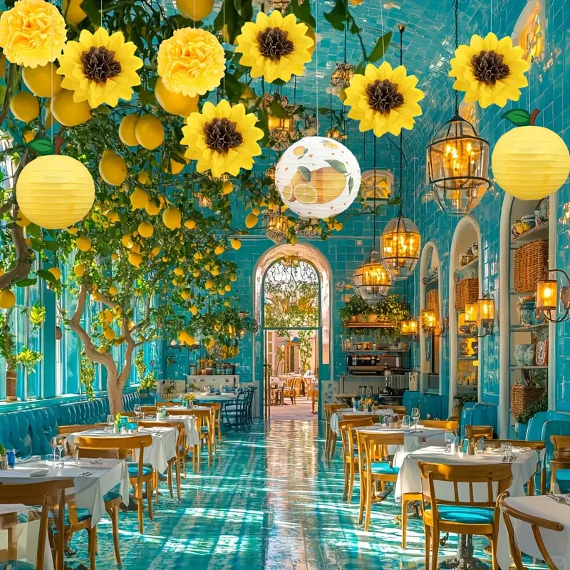 12-teilig, Sonnenblumen-Zitronengelb-Partydekoration, gelbe Papierlaterne und Pom-Pom-Papierblume, Geburtstagsfeier, Babyparty, Hochzeit, Duschdekoration, Gelb – Partyzubehör-Set