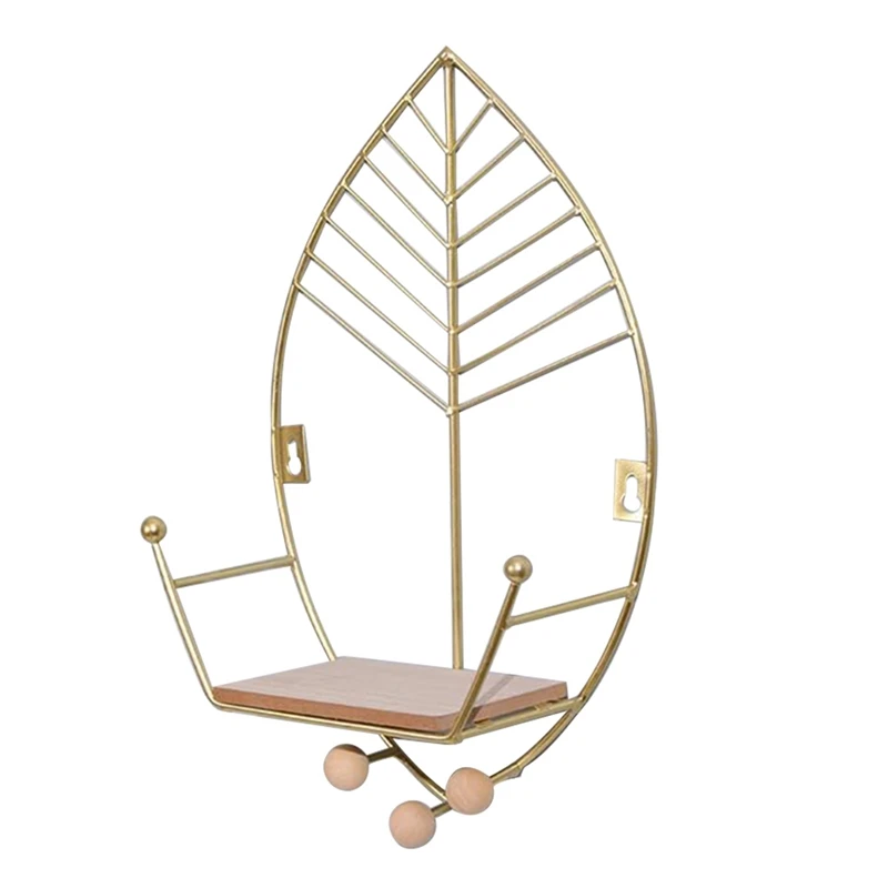 Плавающие полки в форме листьев, металлический настенный декор, деревянная настенная полка для хранения, украшения для дома, искусство для спальни, прочное золото