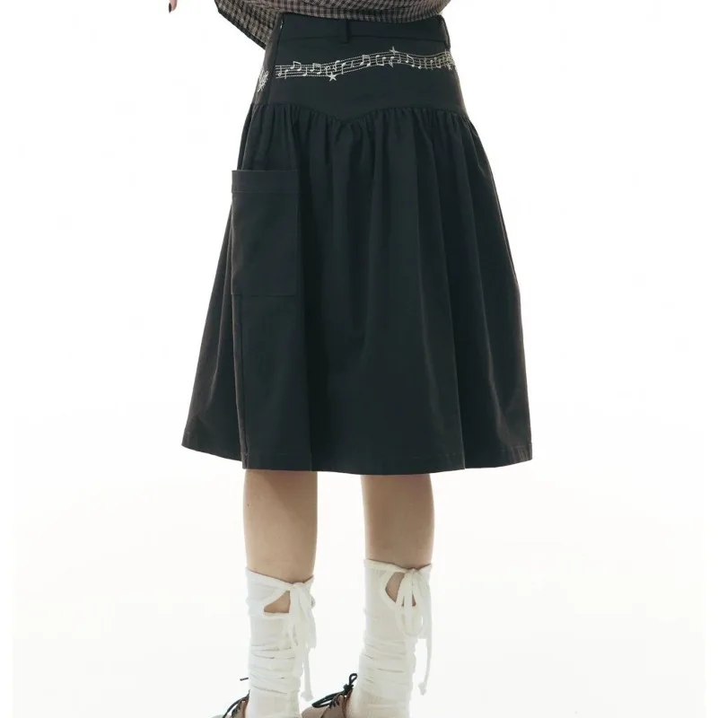 Women Korean Fashion Vintage Y2K Music Note Embroidered A-Line Midi Skirt Preppy Style High Waist Pleated Gray Skirt with Pocket