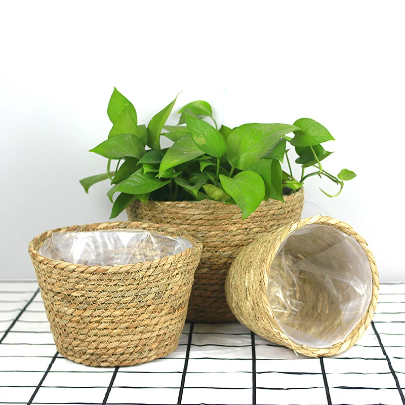 Rattan Woven Flowerpot Potted Handmade Flower Plant Container Garden Grass Planter Straw Basket Home Balcony Storage Decorative