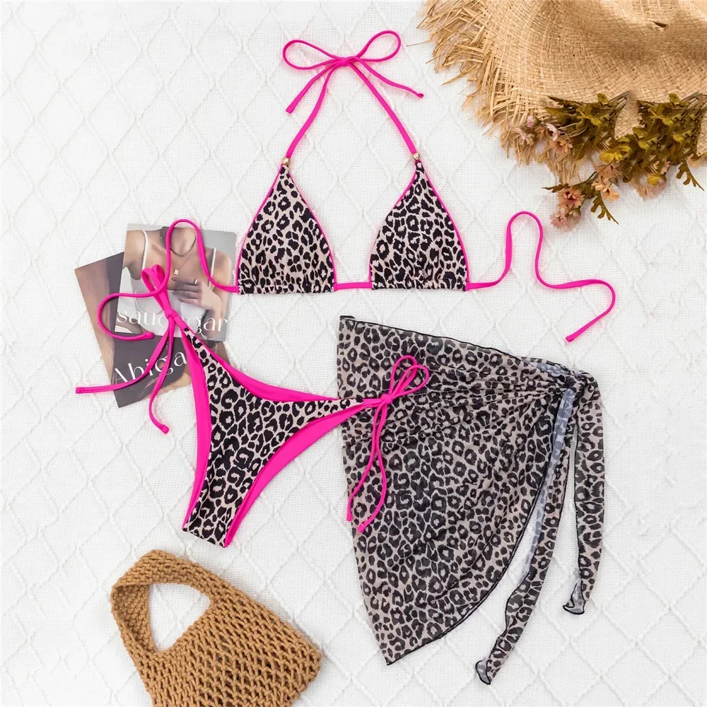 

Leopard Print String Halter Triangle Bikinis Sets 3 Pieces Cover Ups Swimwear Micro Thong Sexy Swimsuit Women 2025 New Biquinis