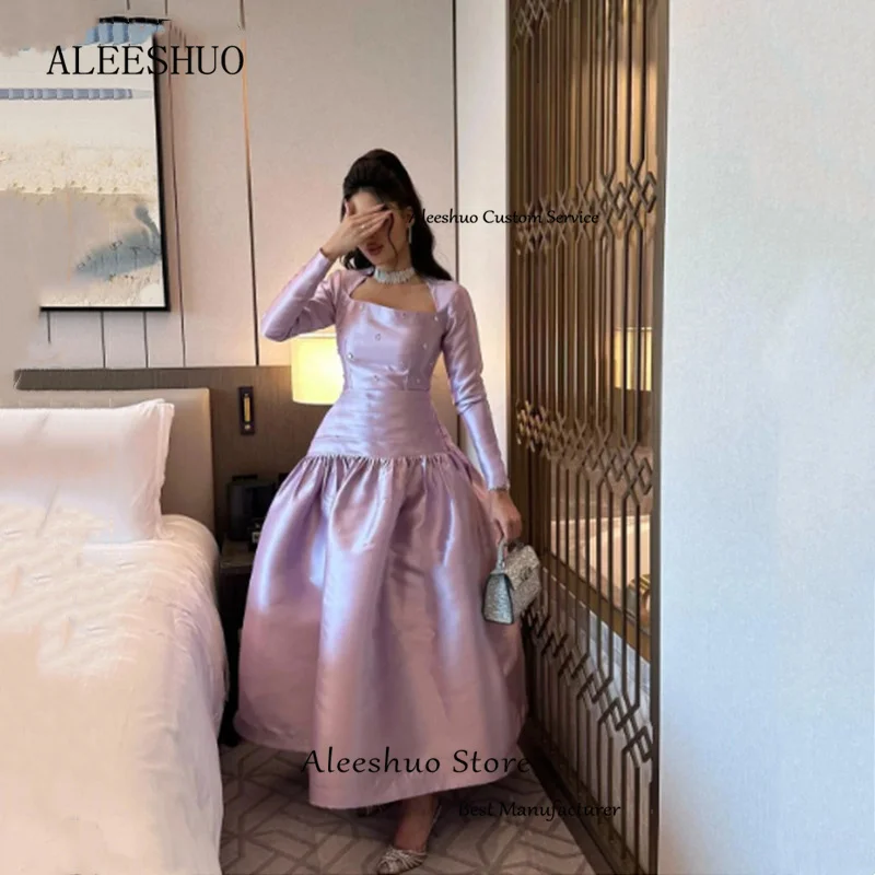 Aleeshuo Classic A-Line Evening Dresses Sequare Collar Ruffle Beaded Prom Dress Pleat Ankle-Length Long Sleeves Party Dresses