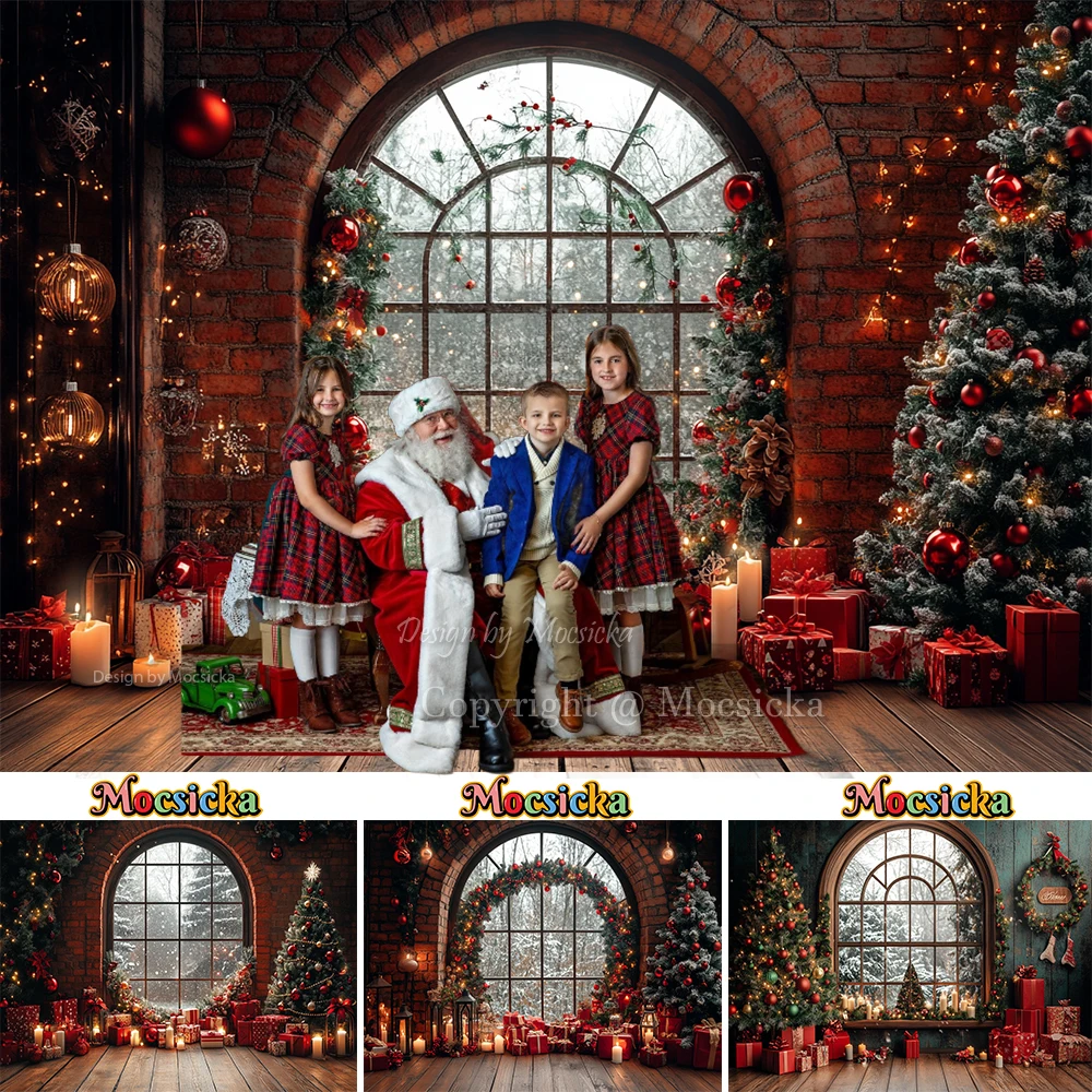 Santa Gift Workshop Background Photography Giant Window Xmas Tree Candle Brick Wall Backdrop Kids Winter Birthday Photo Studio