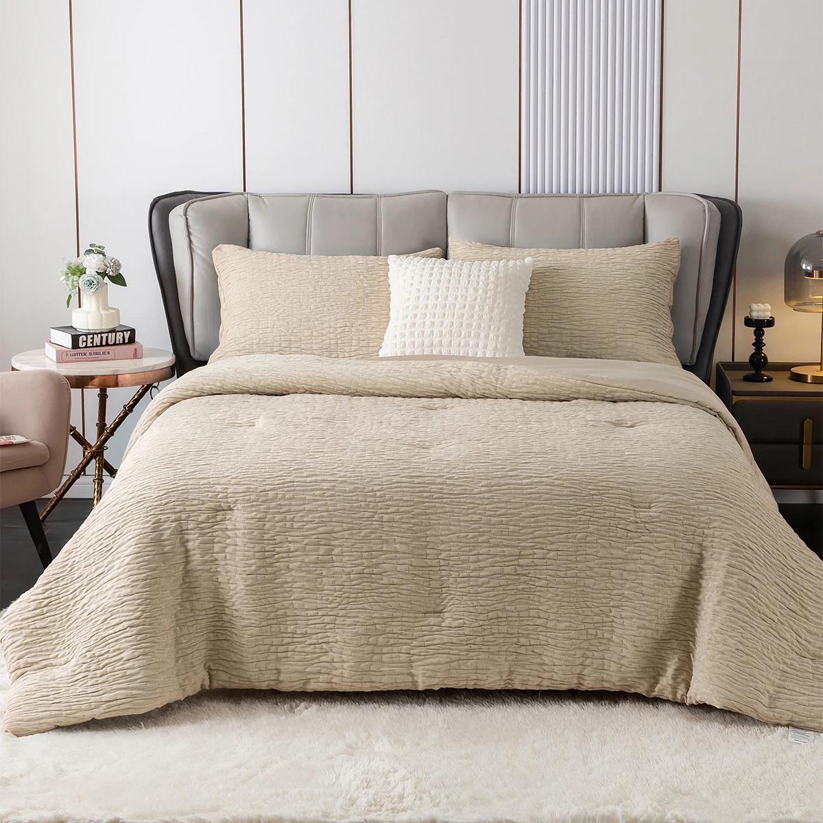 

Reversible Chenille Cotton Full Size Comforter Set,Luxury Textured Stripe Soft Lightweight Bedding 3pcs-Champagne Gold