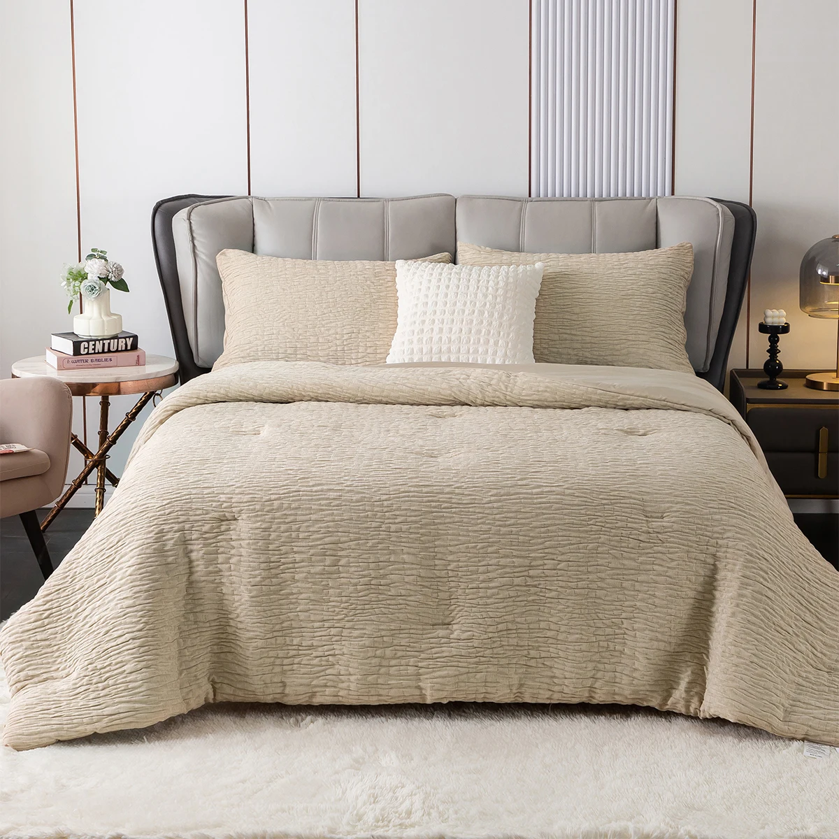 

Bedding Comforter Sets Luxury Textured Stripe Soft 3 Piece ,fitted for King Size Bed lightweight all season -Champagne Gold