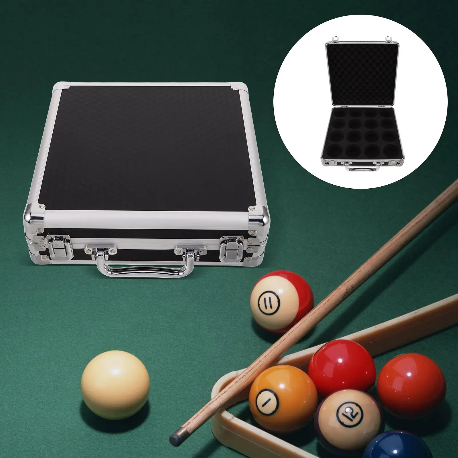 Portable Billiard Case Snooker Pool Cue Ball Storage Box Aluminum Hard Shell for 16 Balls Tournament Use Padded Impact