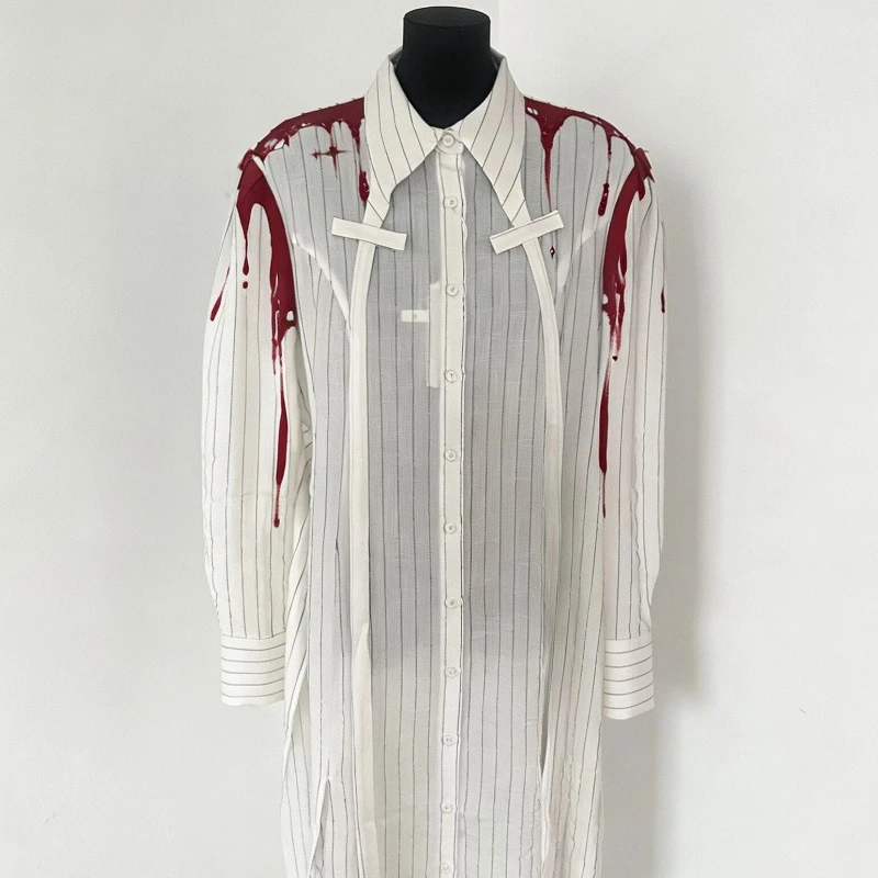 2026 New Gothic Punk Y2K Harajuku Women Blood Print Rhinestone Striped Long Shirt, Irregular Split Lapel Dark Style Blouse