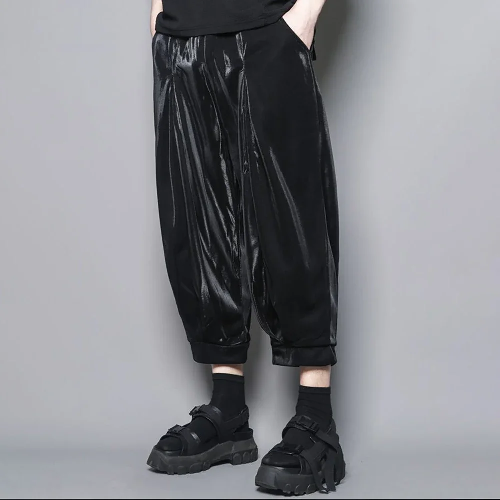 Summer Niche Design Original Glossy Wide-leg Pants Men Dark Style Harem Cropped Pants Neutral Bloomers Casual Clothes