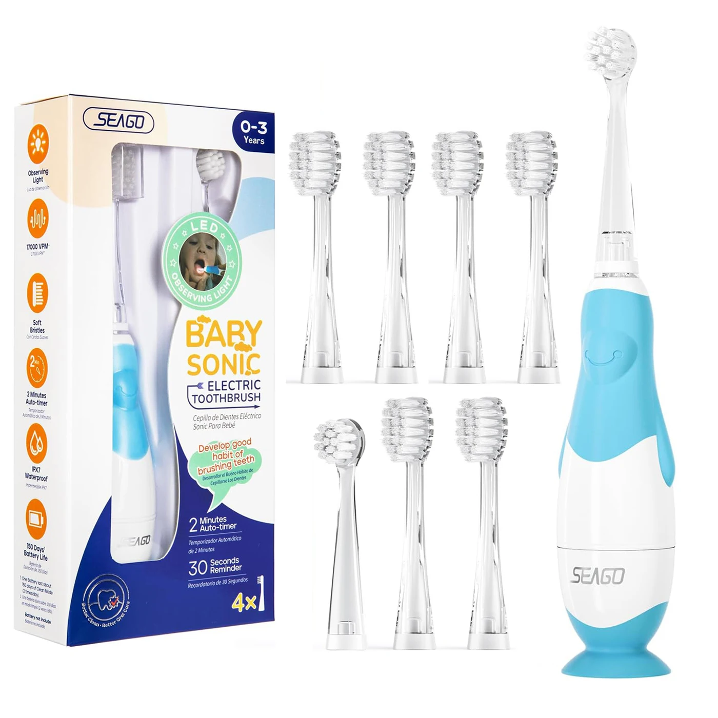 SEAGO Toddler Electric Toothbrushes for Baby Ages 0-3 Years Baby Toothbrush with Smart Timer Soft Brush for Baby with 8 Refills