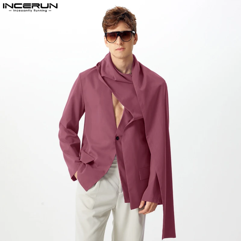 Fashion Casual Style Tops INCERUN New Men Collarless Design Shawl Suit Coats Handsome Male Solid Long Sleeved Blazer S-5XL 2024