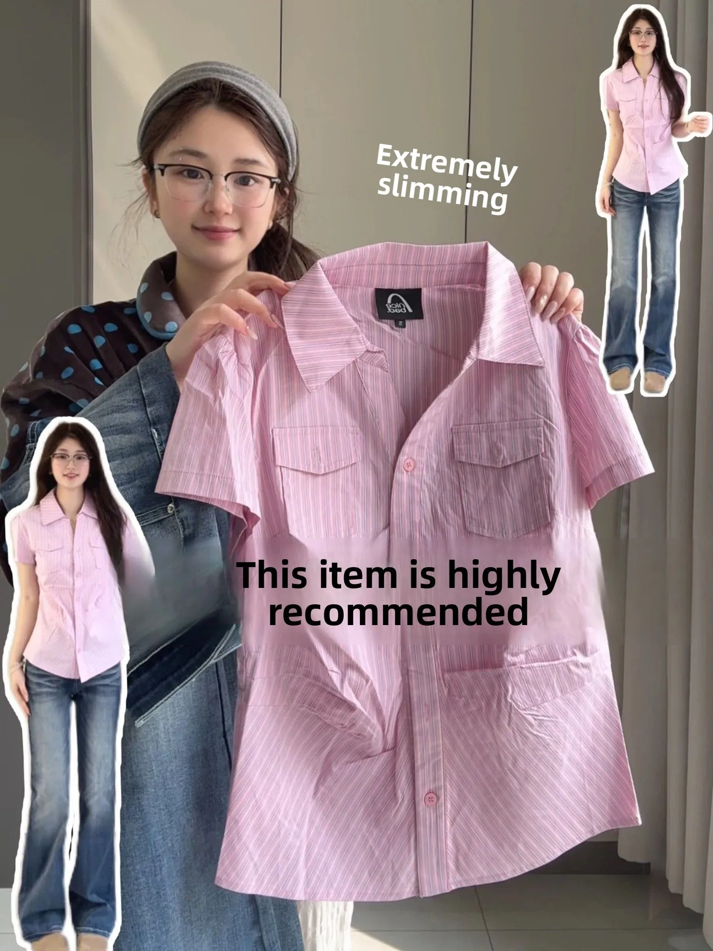 

Korean College Style Short Sleeve Pink Striped Shirt Slim Fit Design Spring Summer New Arrival Women's Top Shoulder Width Reg...