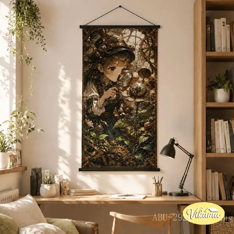 VIKAMA Steampunk Anime Girl Tapestry Magnifying Glass Mechanical Flower Gear Botanical Art Wall Hanging Bedroom Home Decor