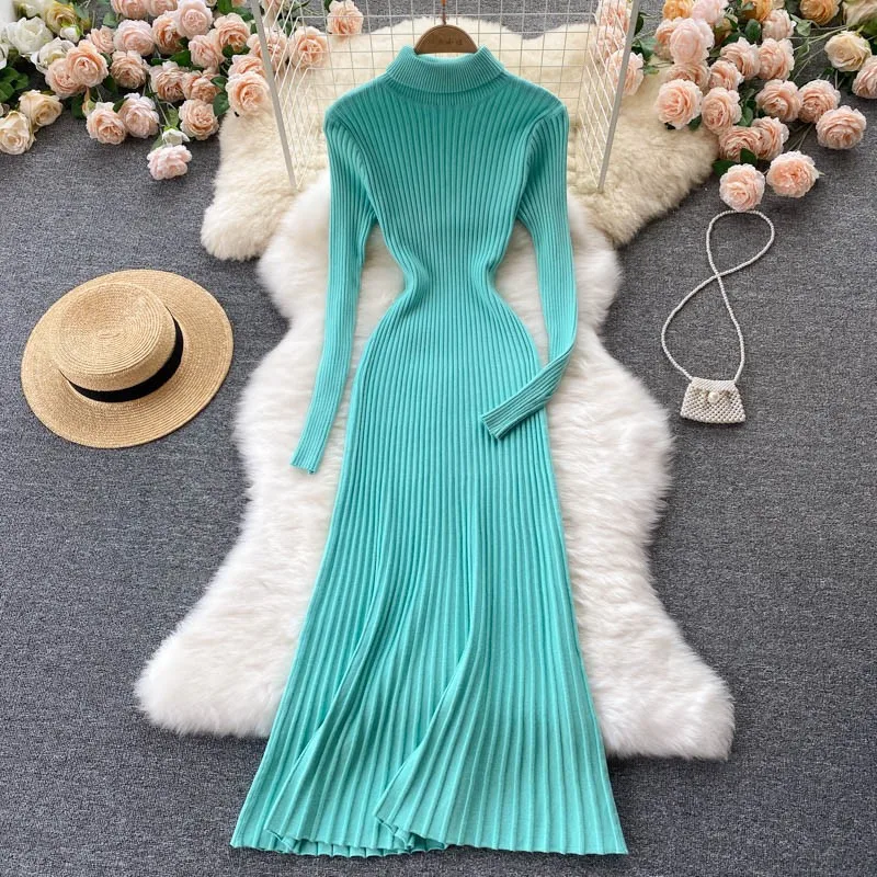 

New Autumn Winter Women Dress Solid Knitted O-neck High Waist Female Fashion Long Sleeve Irregular Ruffles Beading Mermaid Dress