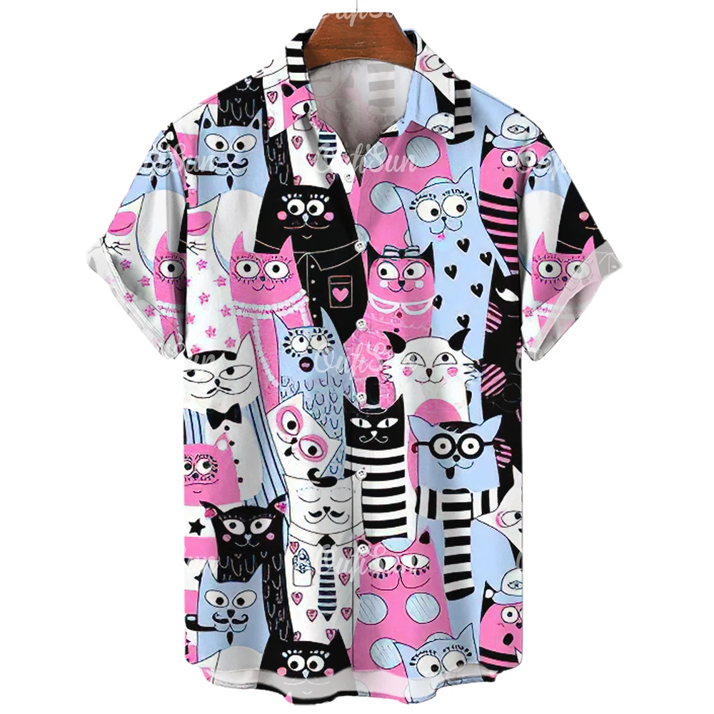 2023 3d Lapel Hawaiian Shirt Man Casual Short Sleeve Anime Shirts Cartoon Men\'s Summer Men Clothes Street Retro Animal Cat