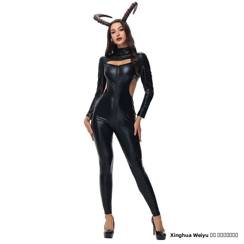 ชุดคอสเพลย์แม่มดสไตล์โกธิคสำหรับผู้หญิง พร้อมกระจกไขว้ แตร และเครื่องประดับสำหรับการแสดงบนเวที