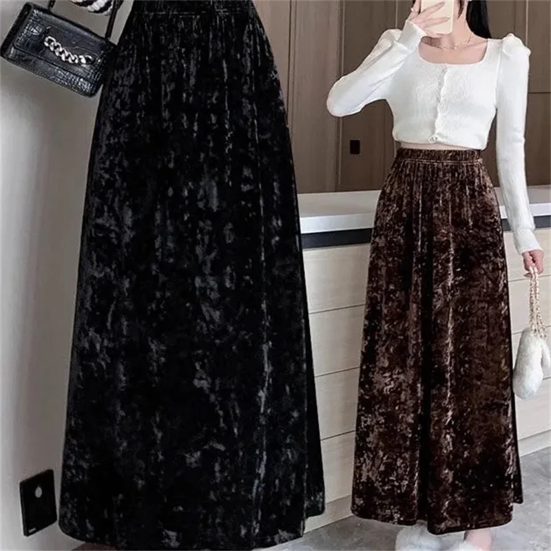 Women Fashion Casual Skirts Autumn Winter Ladies High Waist Maxi Skirt Retro Feminine Mid Length Golden Velvet Long Skirts