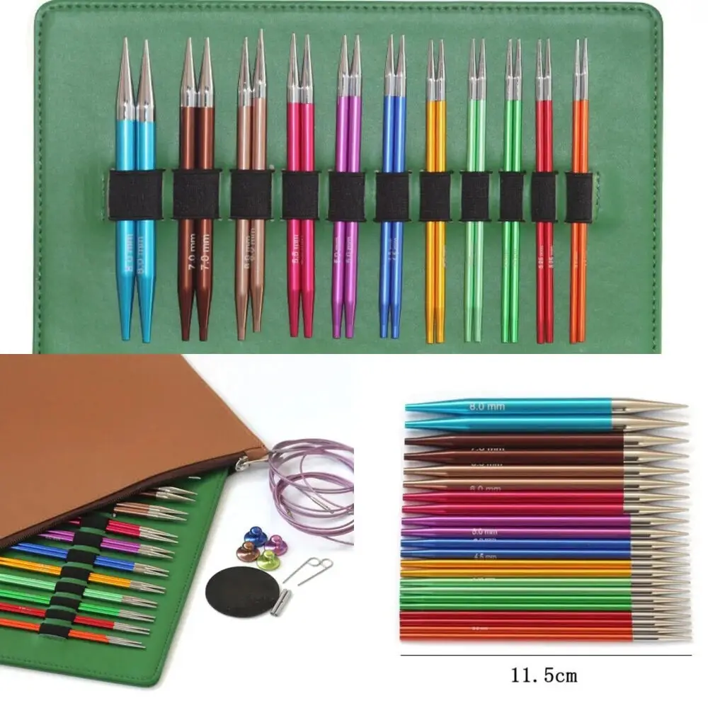 Bicolor Aluminum Interchangeable Circular Knitting Needle DIY Knitting Fittings Crochet Hooks Kit with Needle Bag