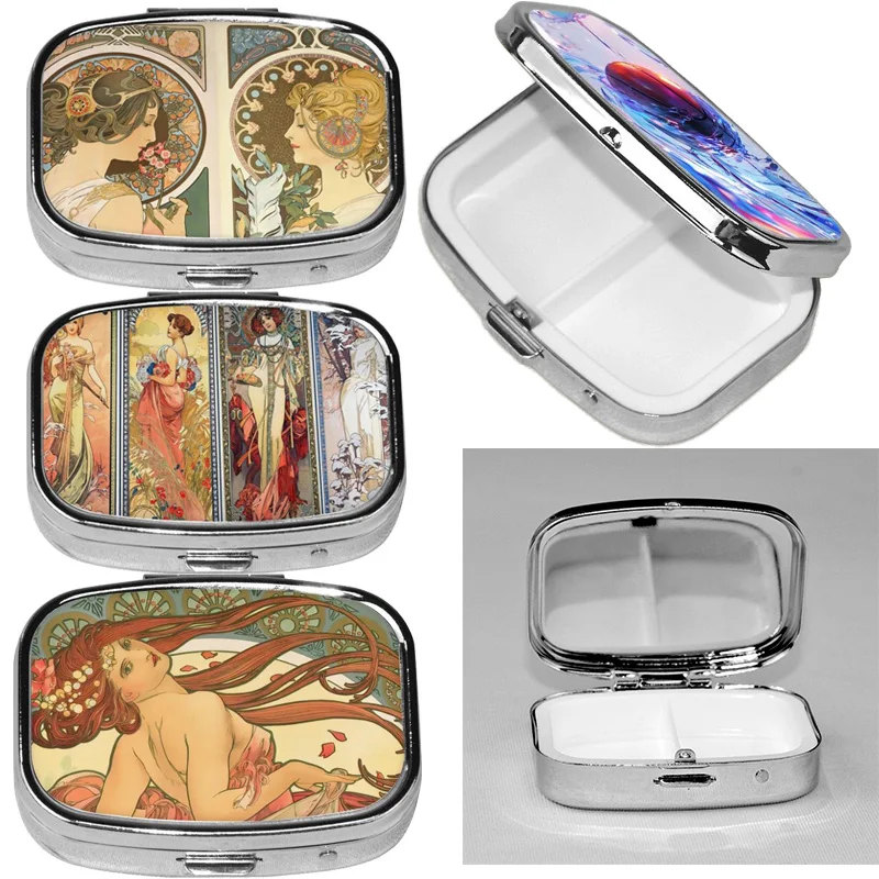 

Oil Painting By Alphonse Mucha pill box cell portable pill box pocket or purse decorated with metal medicine vitamin travel