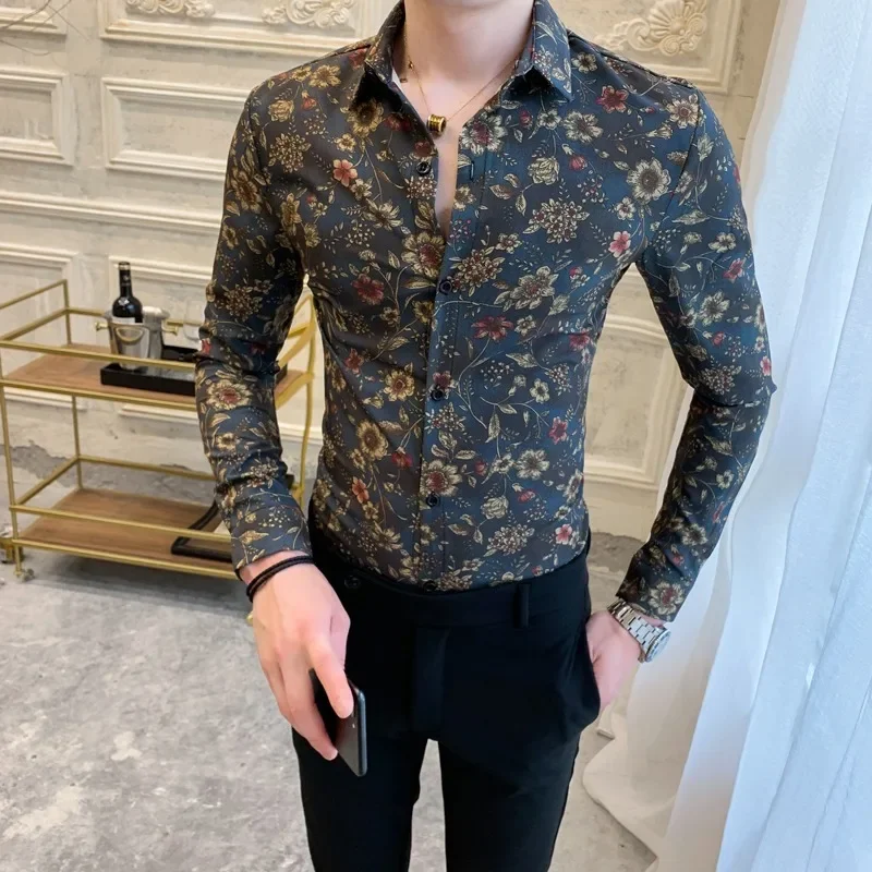 Lente Nieuwe Gepersonaliseerde Bloemenprint Lange Mouwen Shirt Voor Heren Mode Veelzijdige Slank Shirt Koreaanse Street Heren Kleding