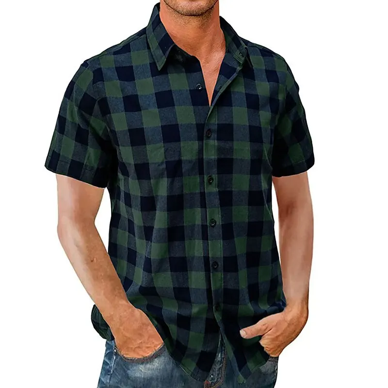 Men\'s Summer Shirts Casual Loose Short Sleeves Plaid Lapel Street Resort Wear Fashionable Comfort Soft Design Hawaiian Tops