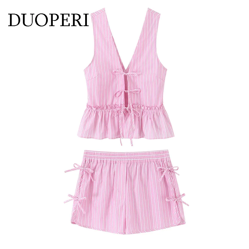 DUOPERI Estate Nuove Donne 2 Pezzi Set Fiocco A Righe Lace Up Con Scollo A V Canotte e Pantaloncini Elastici in Vita Femminile Chic Casual Shorts Abiti