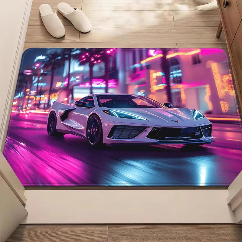 VIKAMA Boys Gaming Room Man Cave Front Door Doormat Neon Purple Blue Supercar Night City Light Trail Non Slip Absorbent Bathroom