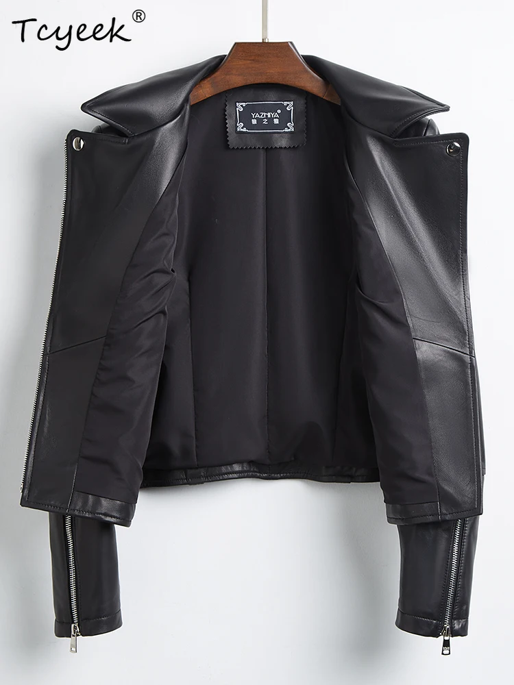 Tcyeek Schaffell Frauen Leder Jacke Frühling Herbst Anzug Kragen Lange Ärmeln Schwarz Kurze Motorrad Jacke Chaqueta Cuero Mujer