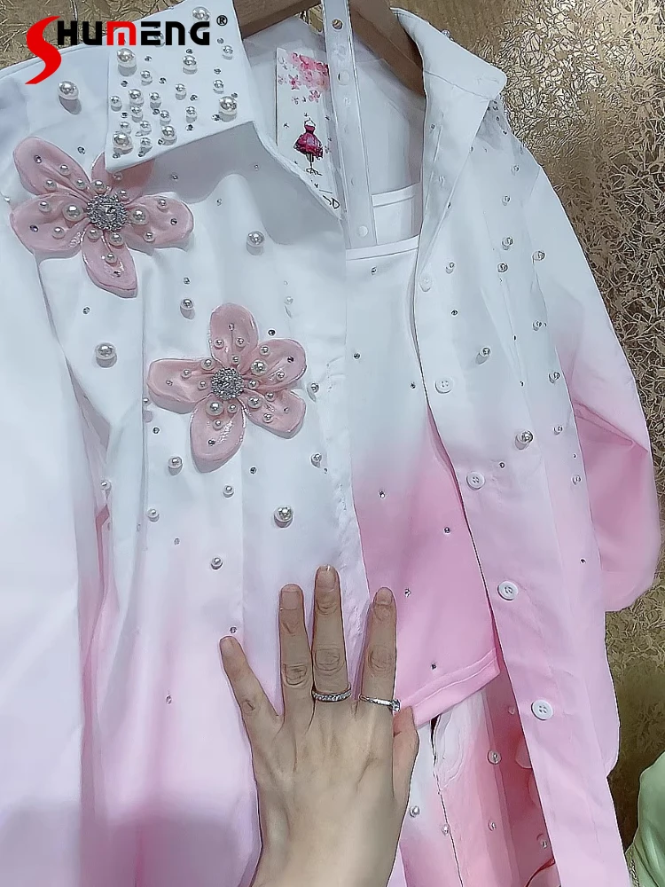 

Women's 2025 Summer New Light Luxury High-end Shirts Super Beautiful Starry Sky Rhinestone Tops Ladies Flower Sunscreen Shirts