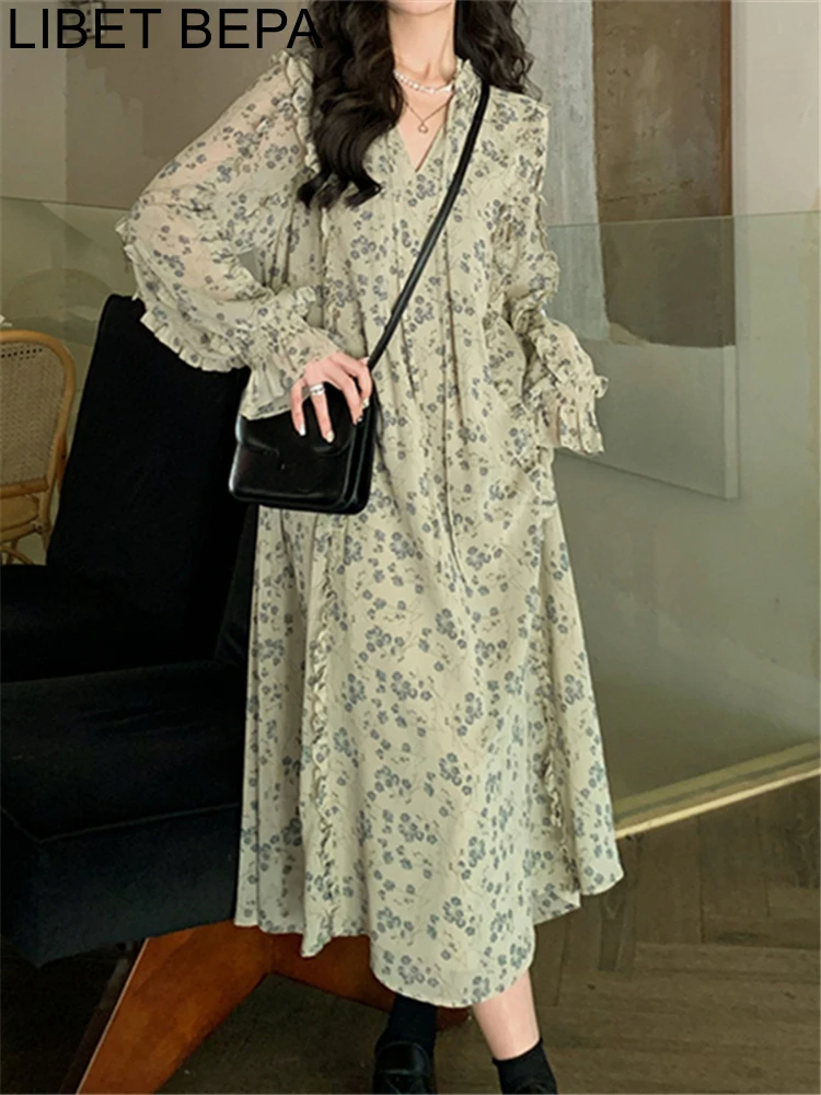 DR2303 2023 New Ruffles Oversized Pagoda Sleeve Floral High Waist Fashionable Elegant Vintage Women Spring Winter Long Dresses