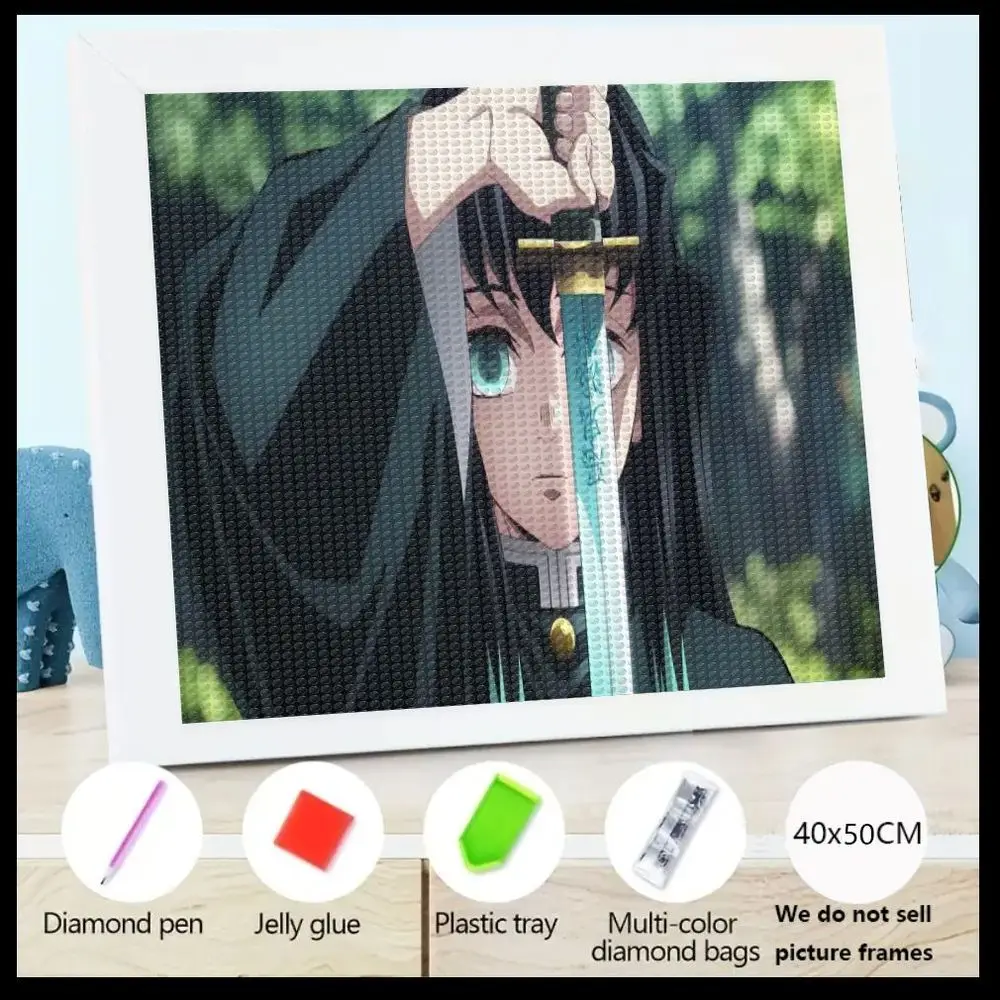 

1 шт. 5D DIY алмазная живопись аниме персонаж убийца демонов стиль с длинными черными волосами бирюзовый глаз, держащий золотой рулей синий лезвие меч