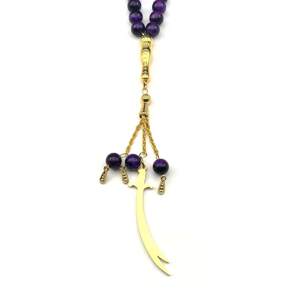 Arabic Ali Zulfiqar Sword Car Pendant Women Men Stainless Steel Muslim Islamic Quran Tiger Eye Stones Prayer Beads Chain Jewelry