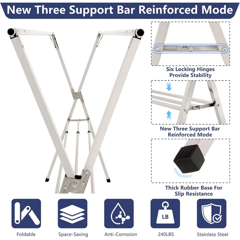 Heavy-Duty Foldable Clothes Drying Rack, 95-Inch Stainless Steel Laundry Rack for Indoor and Outdoor Use, Adjustable Design