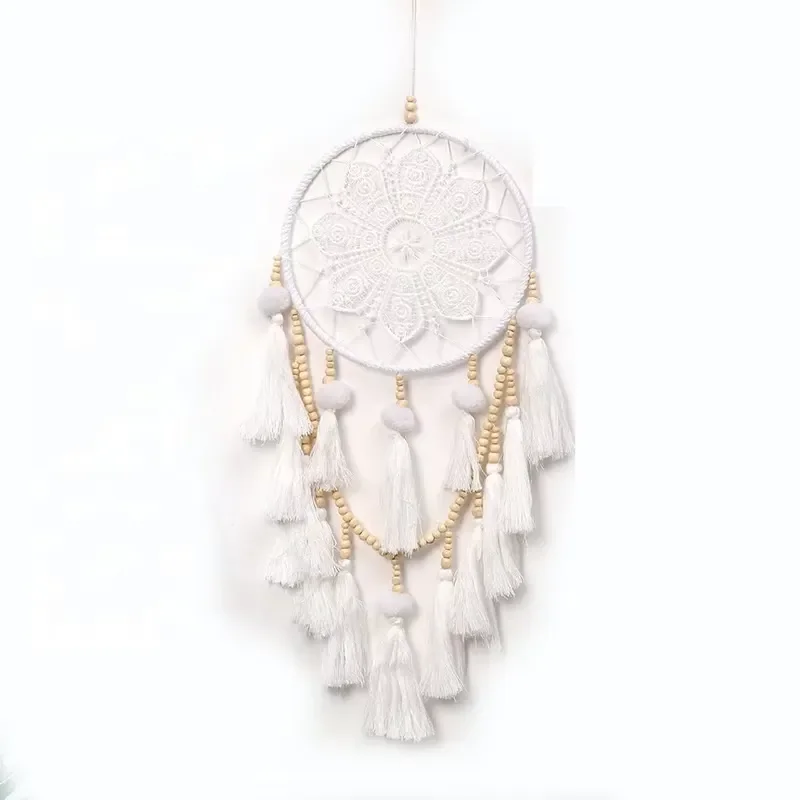 Wholesale 65cm Long Dream Catcher with Wood Beads and White Tassel DIY Wall Hanging Home Decoration Gift