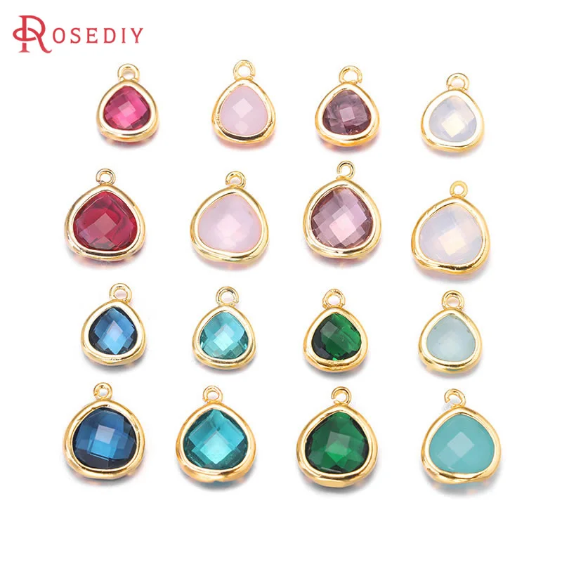 4PCS 8x11MM 10x13MM High Quality Champagne Gold Color Brass with Colourful Glass Triangle Charms Pendants Jewelry Accessories